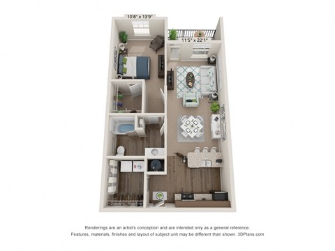 Floor plan for 1 bed, 1 bath, 826 sqft